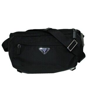 Prada Triangle Logo Plate Nylon Saffiano Leather Waist Bag Black